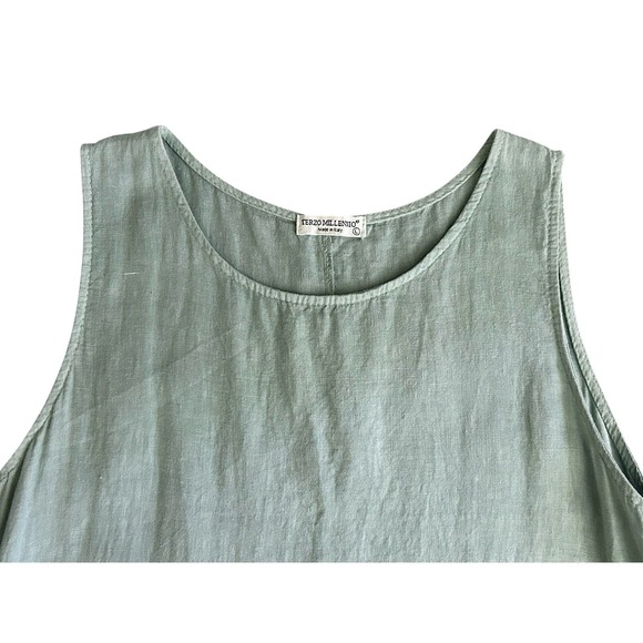 Terzo Millennio Shift Dress Large Linen Sage Green Sleeveless Lagenlook Ruffled - Picture 3 of 9